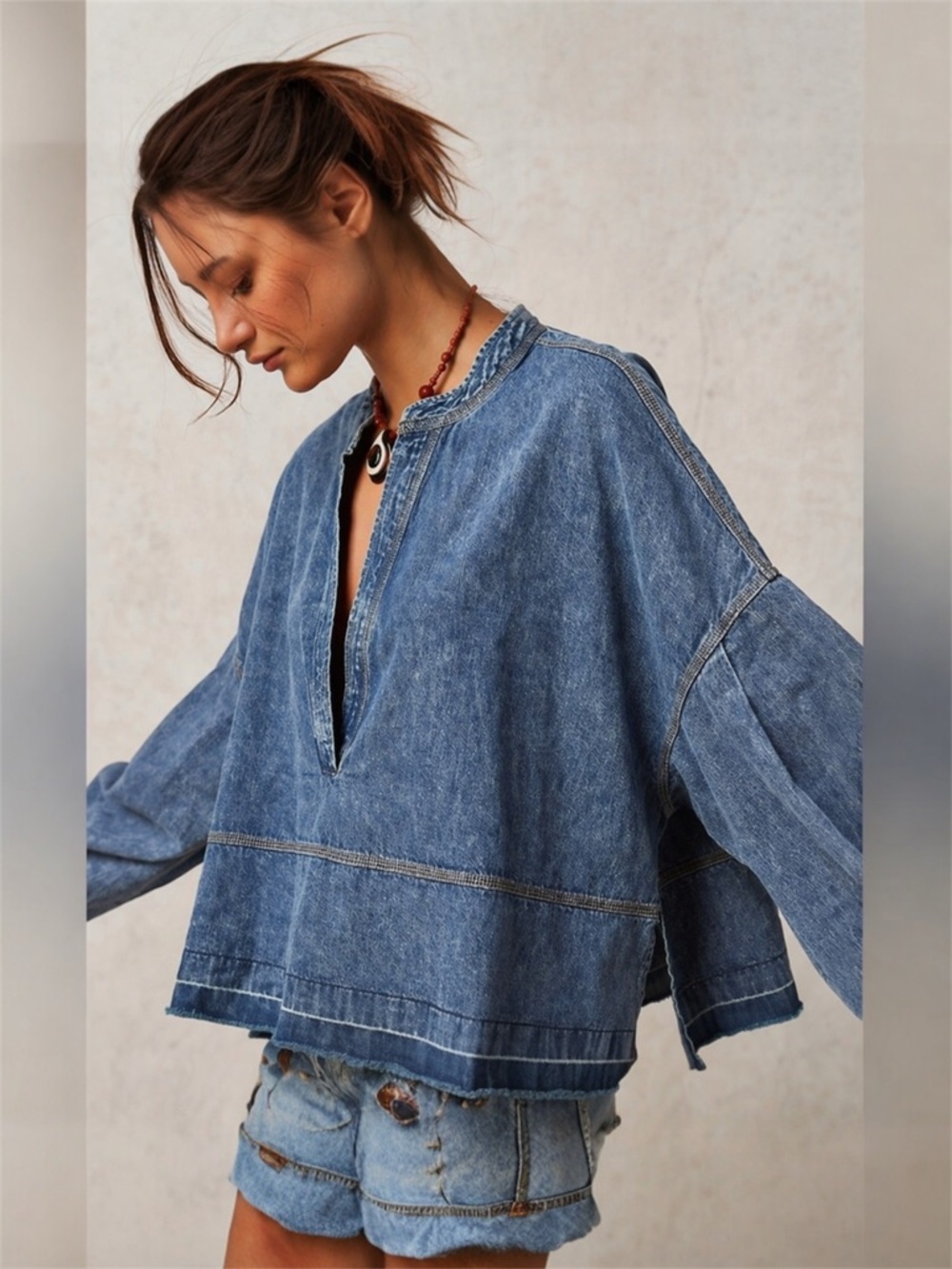 FREE PEOPLE Oversized Jade Blue Denim Top | Stylish Layering | Elevated Casual - Picture 2 of 16